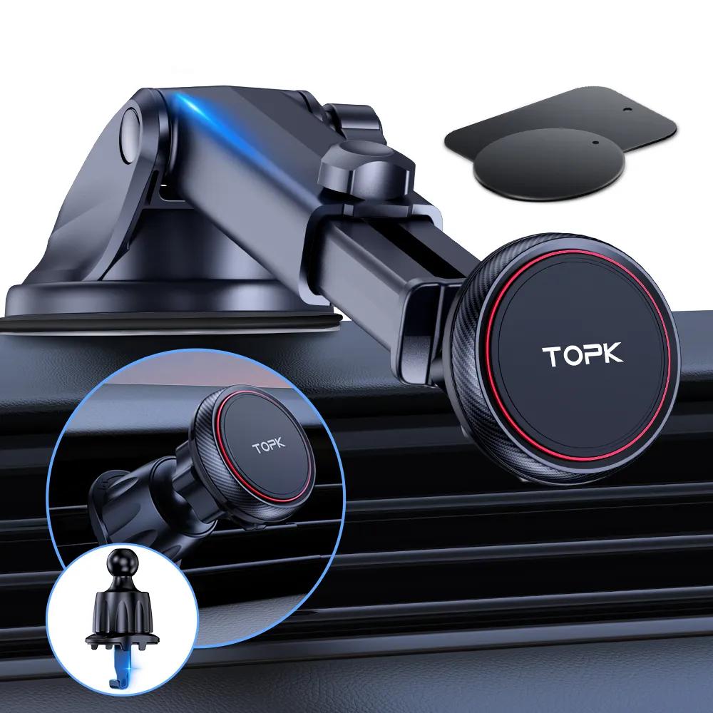 TOPK Magnetic Car Phone Mount, N52 Strong Magnet Dashboard Windshield Suction Cup Car Phone Holder Adjustable Telescopic Arm