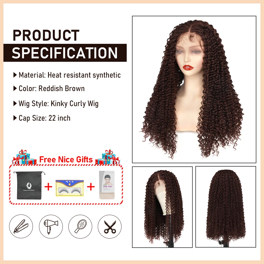 Reddish Brown Kinky Curly Wig Synthetic Lace Front Wigs For Women Copper Red Pre Plucked With Baby Hair Lace Closured Wig Reddish Brown Kinky Curly Wig Synthetic Lace Front Wigs For Women Copper Red Pre Plucked With Baby Hair Lace Closured Wig