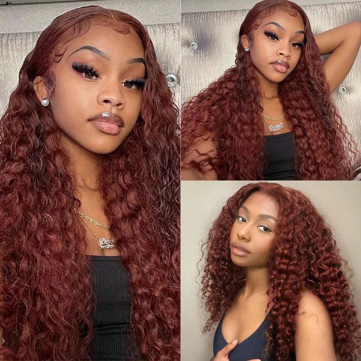 Reddish Brown Kinky Curly Wig Synthetic Lace Front Wigs For Women Copper Red Pre Plucked With Baby Hair Lace Closured Wig Reddish Brown Kinky Curly Wig Synthetic Lace Front Wigs For Women Copper Red Pre Plucked With Baby Hair Lace Closured Wig