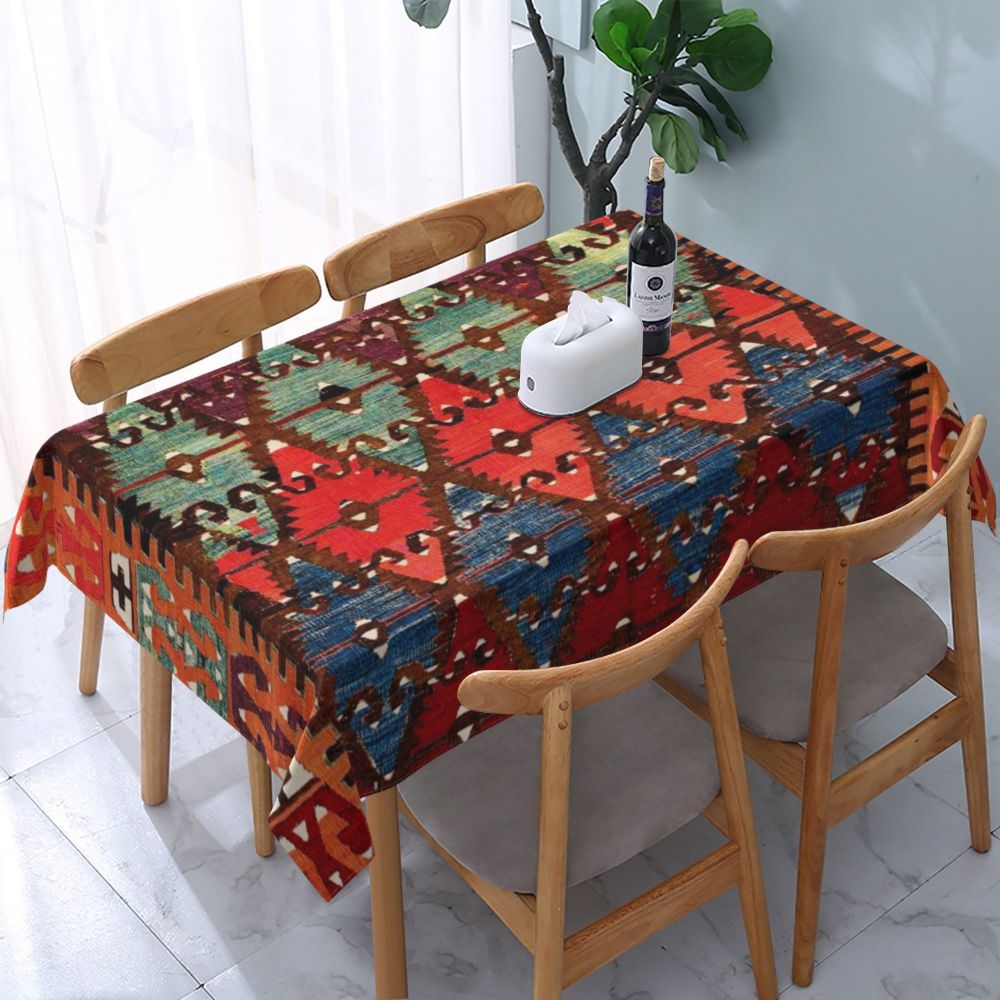 Cal Antique Turkish Kilim Tablecloth Backing Elastic Edge Table Covers Bohemian Ethnic Vintage Persian Carpet Tribal Table Cloth